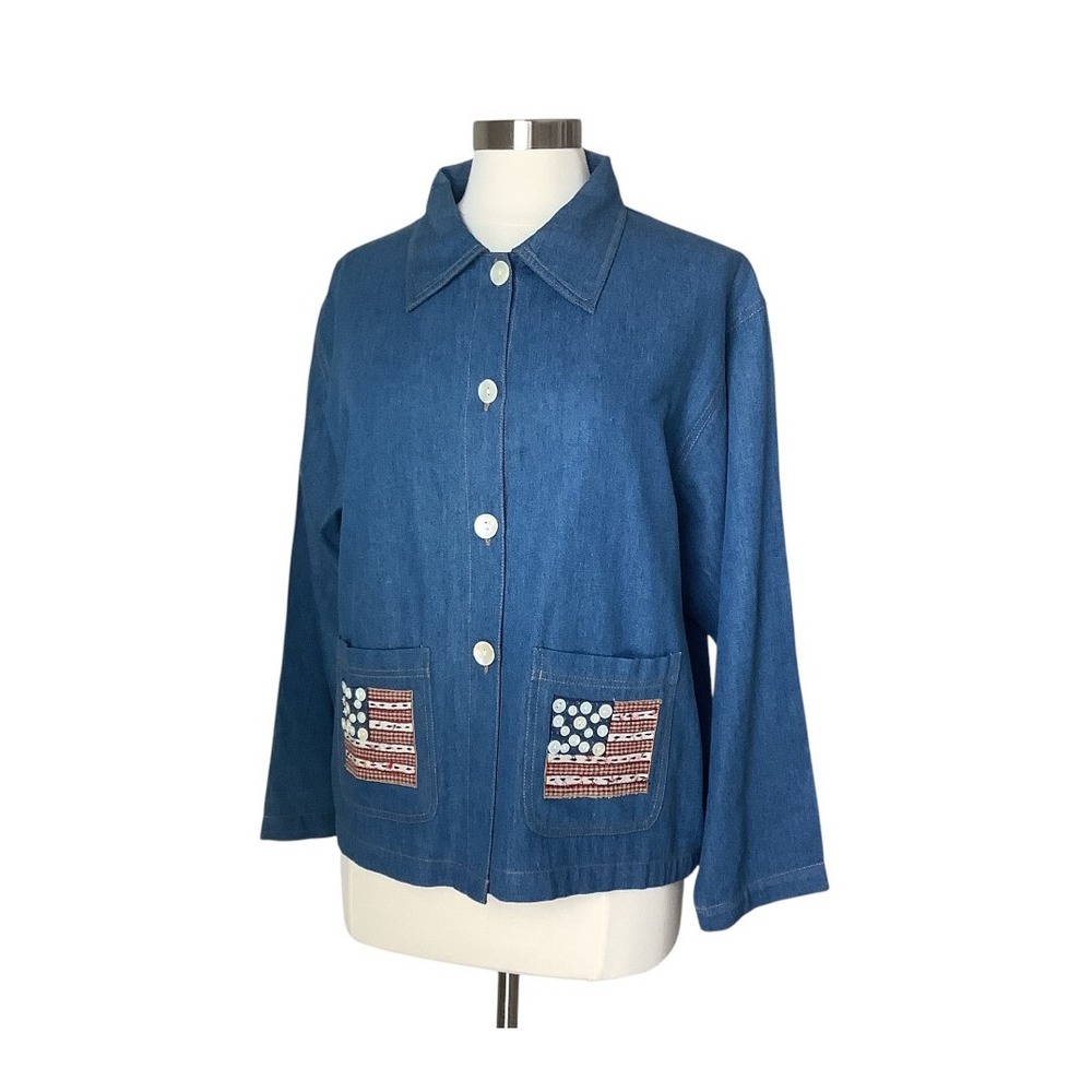 Vintage Women Denim Jeans Embroidered‎ Shirt Size Large USA Pride Shell Buttons